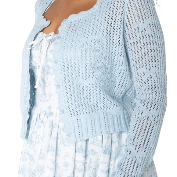 NWT Celebrity Pink x Bridgerton Square Neck Pointelle Cardigan - Light Blue - S - Picture 4 of 7